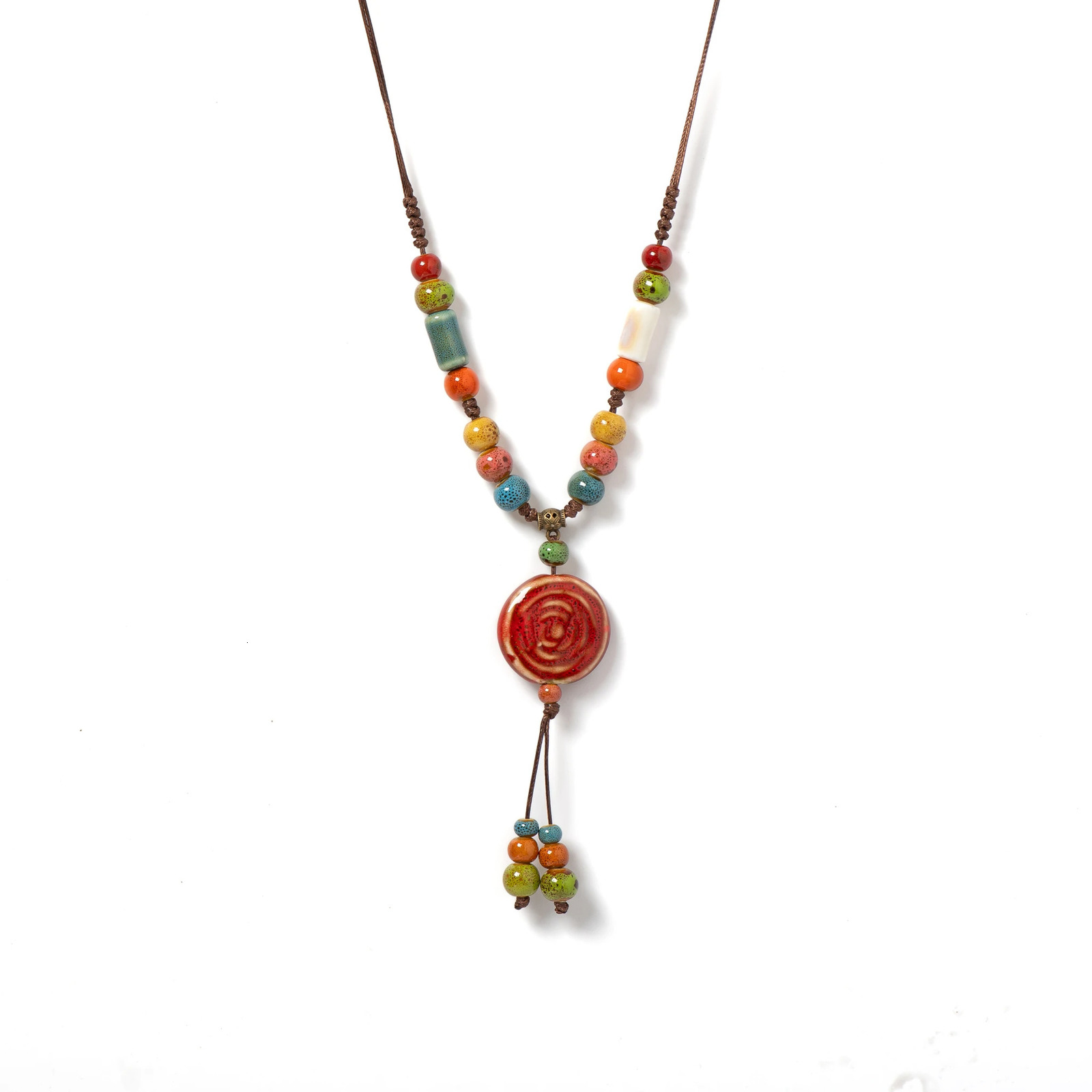 Handmade Red Pattern Ceramic Necklace Adjustable Vintage Pendant Boho Long Necklace Accessories 1107 250729