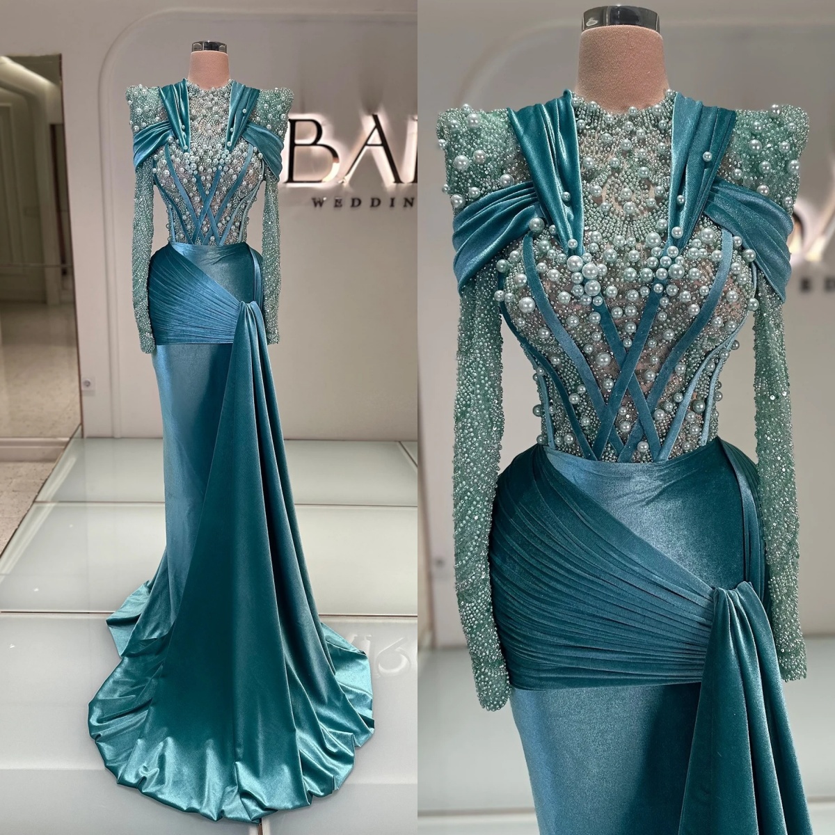 Vintage Evening Dresses Pearls Sequins Prom Dress Velvet Mermaid Beading Long Sleeves O Neck Sweep Train Party Gowns Vestidos De Noche Plus Size