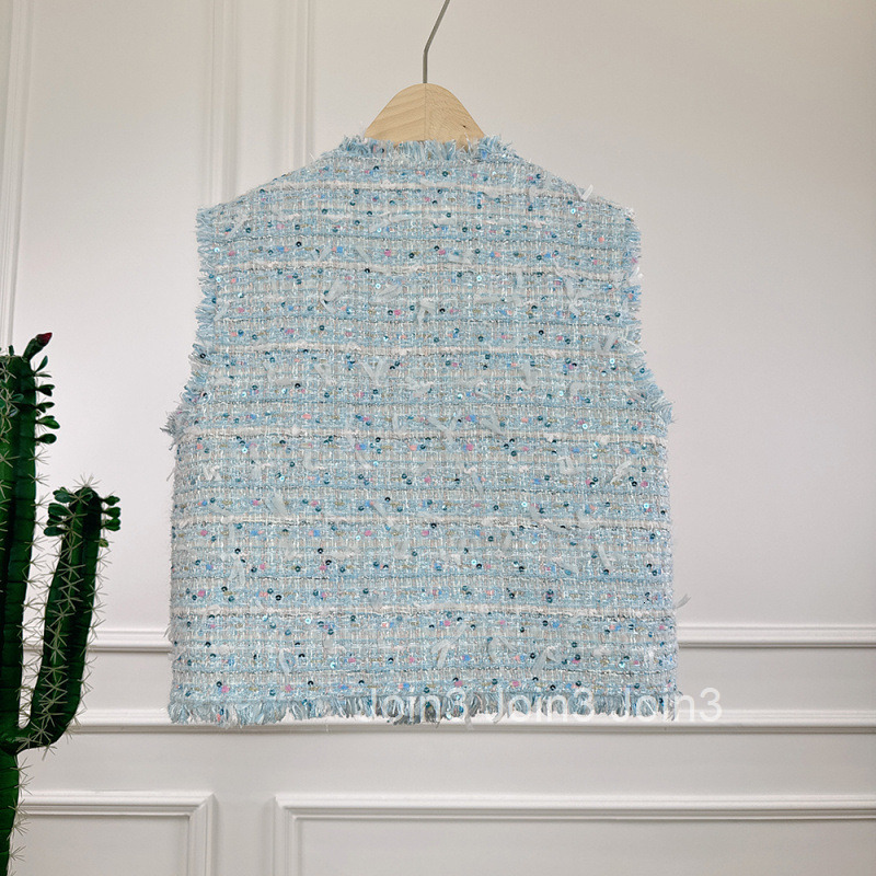 2025 Spring New Small Fragrance Style Pink Blue Sequin Heavy Craft Socialite Light Luxury Age-Reducing Versatile Commuting Business Vest for Women