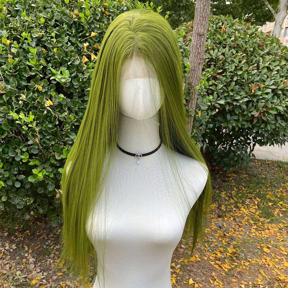 Green 13X4 Synthetic Front For Women 26 Inch Long Sliky Straight Lace Wigs Half Hand Tied 150% Density Glueless