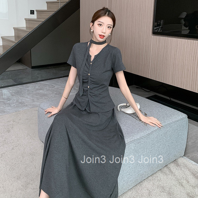 Summer New Split Shoulder V-Neck T-Shirt Short Sleeve Top + High Waist Draped Midi Skirt Set for Women