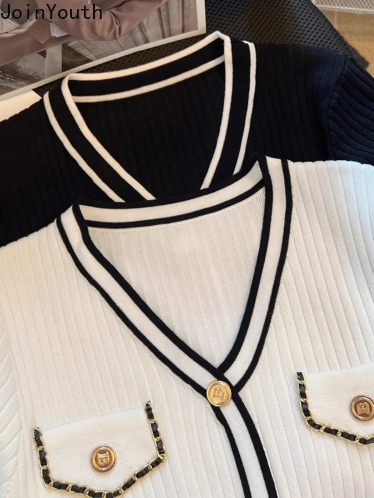 Vneck Short Sleeve Knitted Woman Tshirts 2025 Ropa Mujer Single Breasted Tunic Summer Tees Casual Fashion Korean White T Shirt 250724