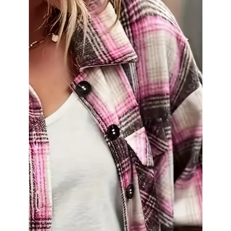 Plus Size Casual Plaid Coats Women Windbreaker Long Sleeve Button Shirt Jacket Fashion Print Pocket Coat Female 250729