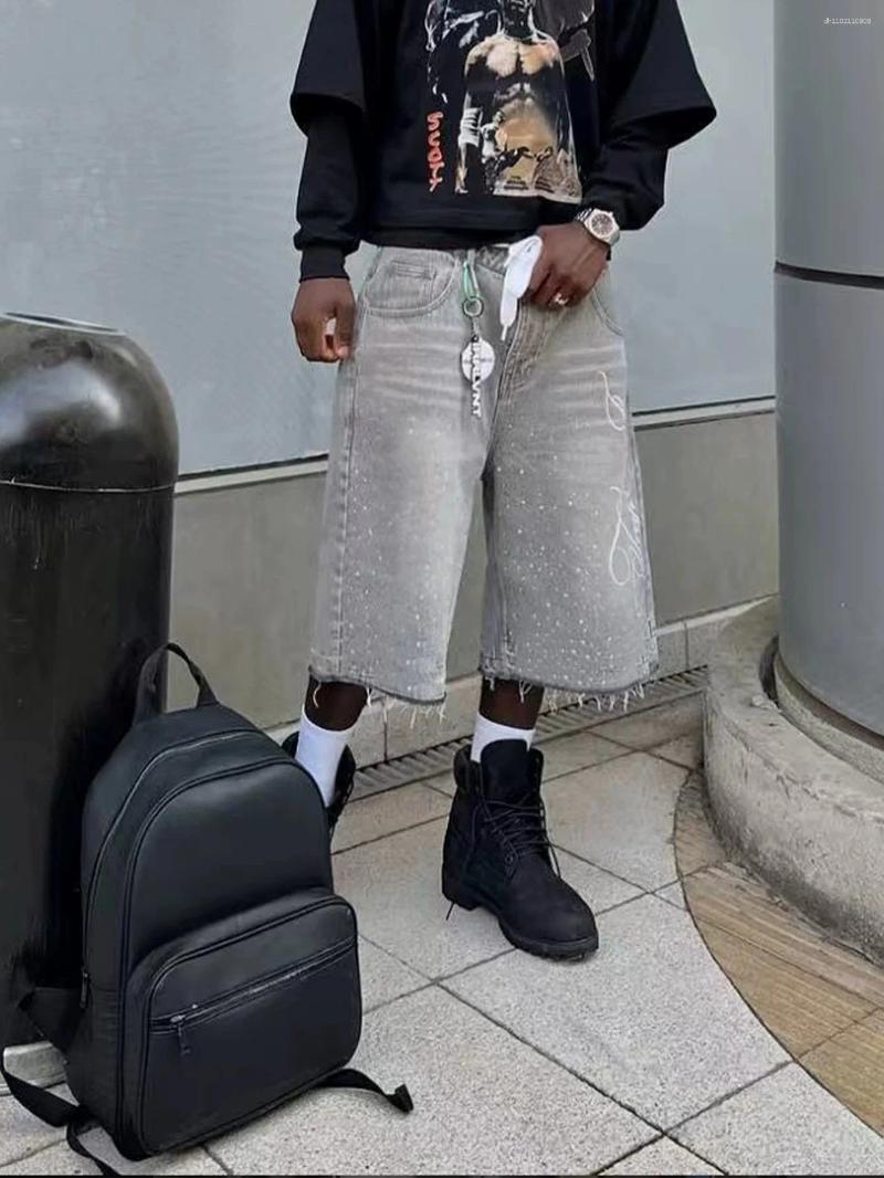 Men's Shorts Vintage Washed Rhinestone Denim Jeans Hip Hop Letter Embroidery Sequin Shiny Baggy Short Low Waist Over The Knee Pant