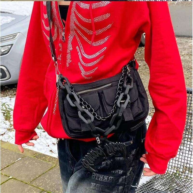 hoodie Women Gothic Black Zip Up Oversized Sweatshirts Y2K Rhinestone Skeleton Hoodies Female Retro Haruku Hooded Jacket Streetwear jacket