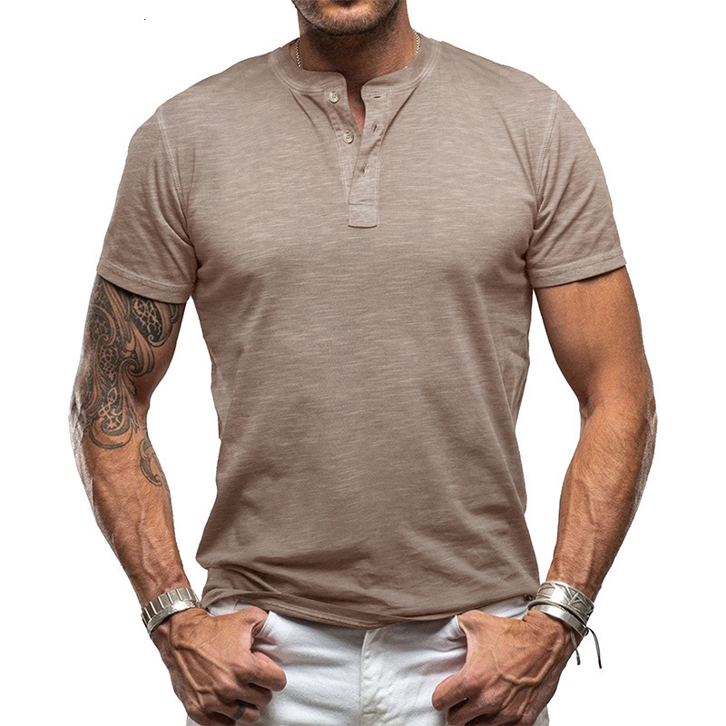 2024 Summer New Short Mens Solid Color Bamboo Henley Shirt American Style Mens Fashion T-Shirt