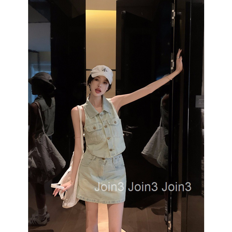 2025 Summer New Hot Girl Polo Collar Single-Breasted Denim Vest Top + High-Waisted Short Skirt Set for Women