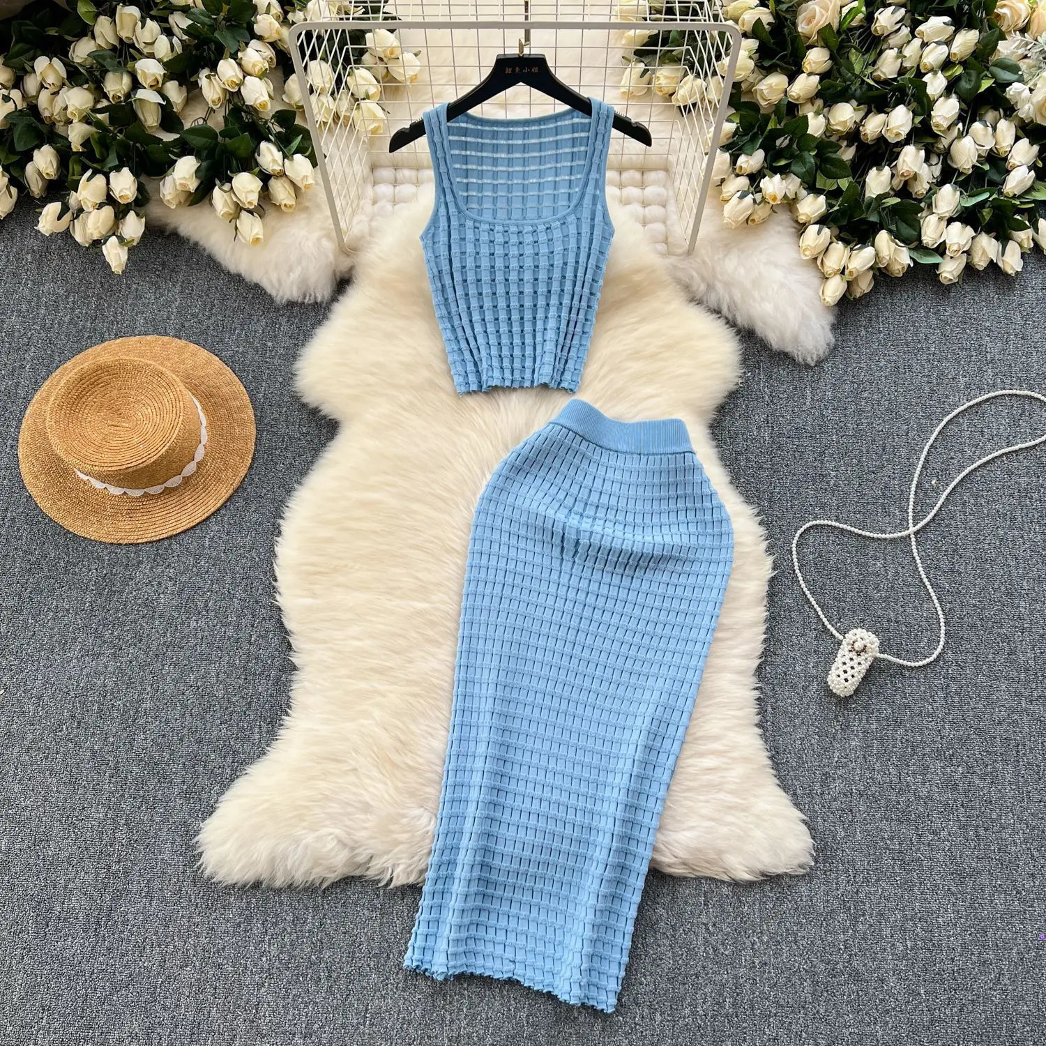 Womens Skirt Set Dress Sets Two Piece Vests Short Tops Sheath Knit Long Skirts High Waist Y2K Streetwear Party Beach 250729