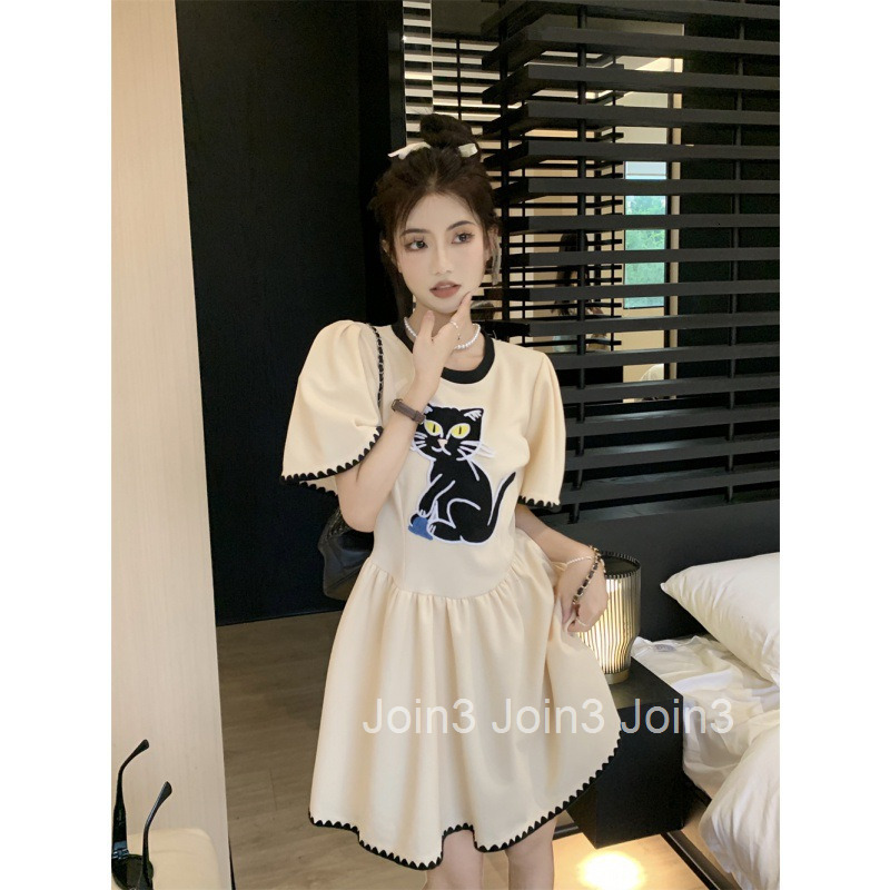 Summer New Korean and Japanese Style Plus Size Womens Short Sleeve Dress Fashion Little Cat Animal Pattern Short Dress