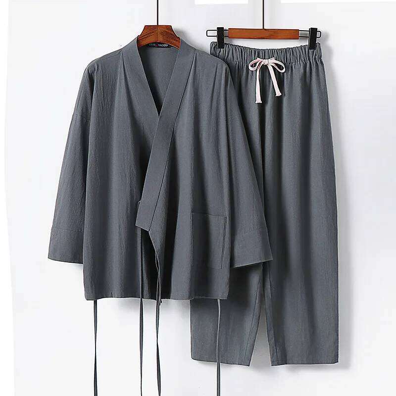 Designer Clothing 2025 2025 Men's Summer Cotton Linen Two Pieces Chinese Style Lace Up Kimono Tops+Pants Casual Male Vintage Hanfu Tang Suit M-9X