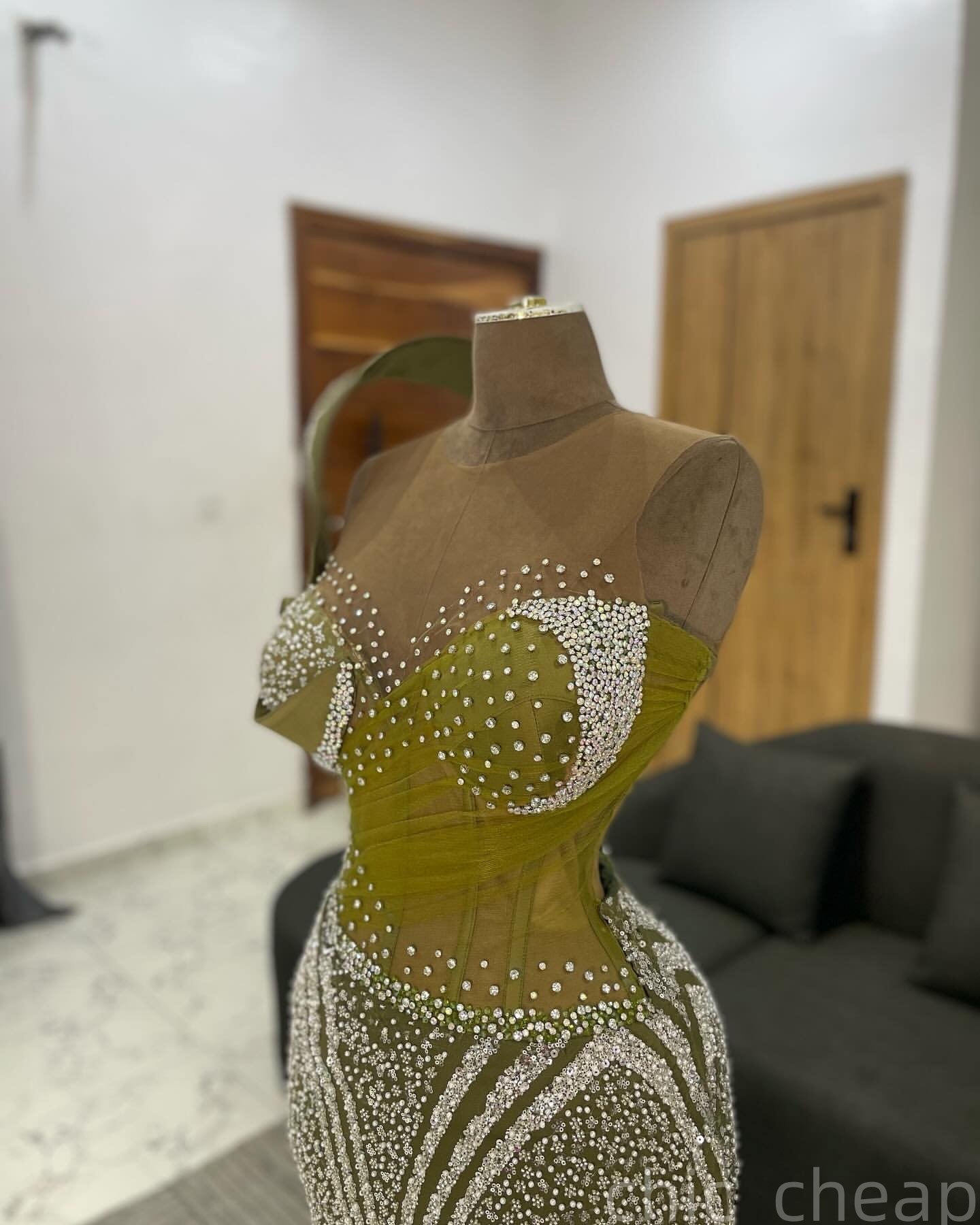 Mermaid Olive Green Prom Dresses 2025 Beaded Crystals Sheer Neck Evening Formal Party Second Birthday Engagement Gowns Plus Size Dress For Special Occ
