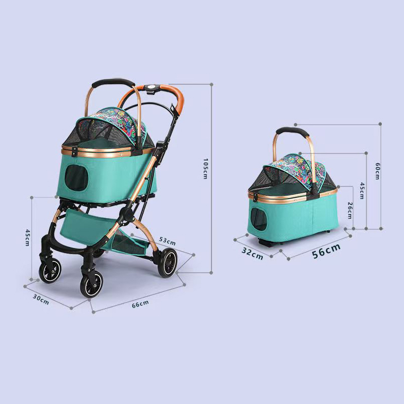 Pet stroller foldable lightweight cat and dog stroller with detachable straps, no zipper, 180 ° double-sided sunshade, all terrain 4-wheel