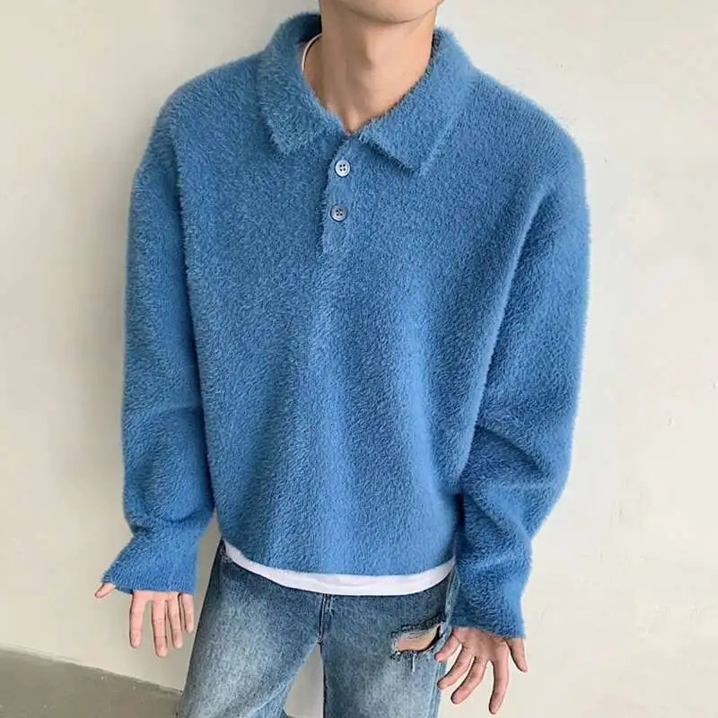 IEFB Korean Style Mens Knitting Tops Turndown Collar Button n Mohair Solid Color Sweater Loose Male Pullover Knits 9C8625 250729