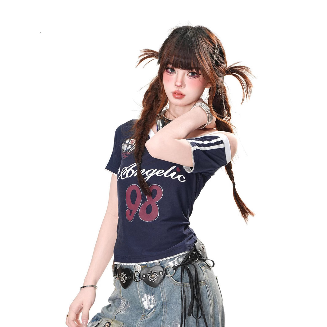 2025 American style short sleeved lace women's T-shirt summer new slim fit off shoulder sexy girl's short top fashion new designer T-shirt