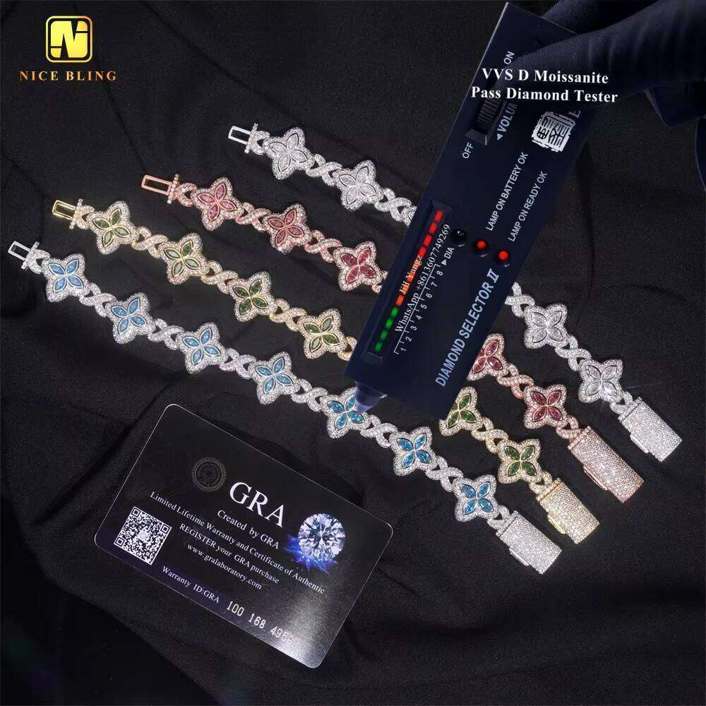 15 Options Colorful Flower Bracelet Ready Stock Hip Hop Fancy Dia Cuban Link Chain Moissanite Sier