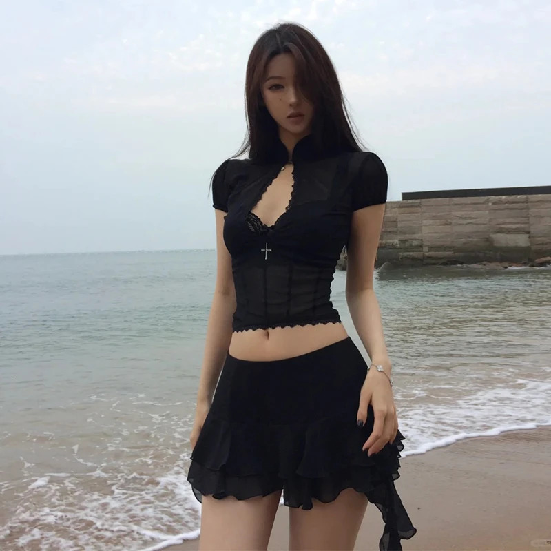 Tonngirls Y2k Fairycore Two Piece Set for Women Hollow Out Lace Mesh Shirt Irregular Mini Shirts Vintage Skirt Sets Japanese 250729