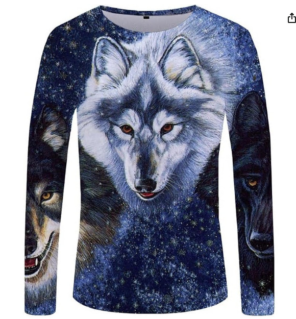 Fashionable mens 3D printed animal wolf long sleeved T-shirt mens round neck top personalized t-shirt mens trend