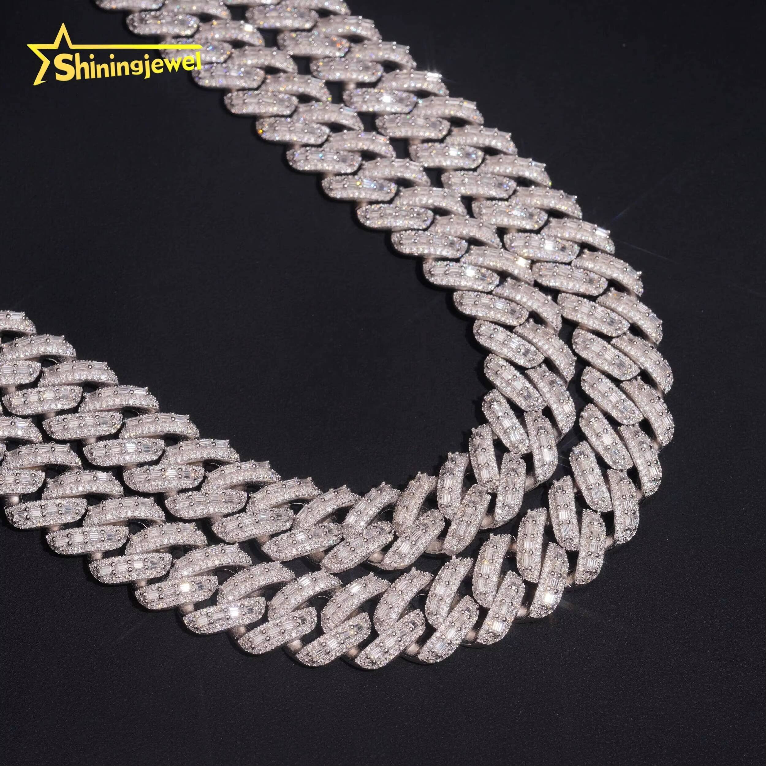Rapper Jewelry Luxury Hip Hop Style Baguette Moissanite Iced Out 18mm 925 Silver Diamond Cuban Link Chain