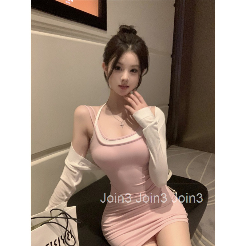 Summer New Sexy Color-Block Edge Hot Girl Camisole Dress Bodycon Outerwear Base Short Skirt