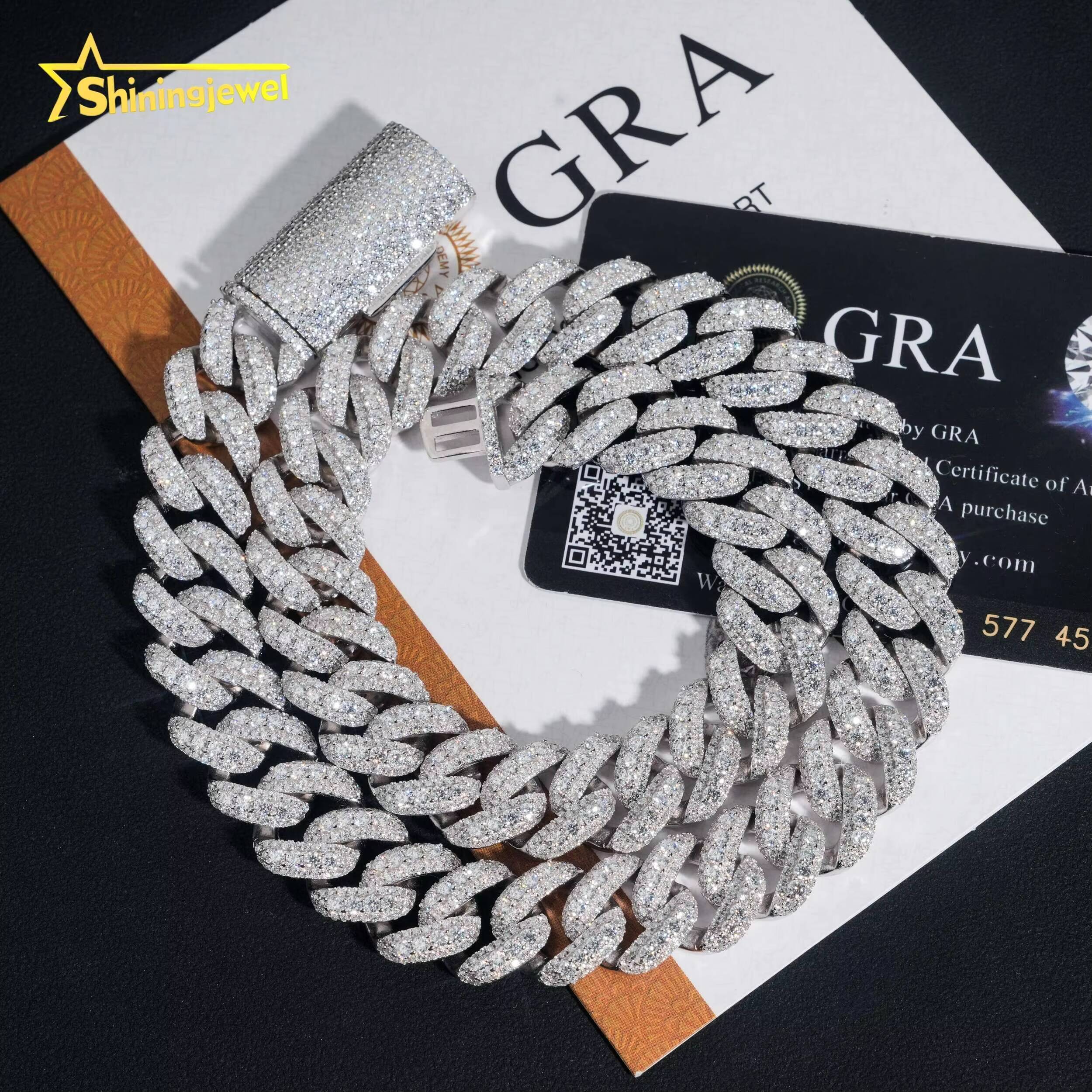Large Stock 15mm Wholesale 925 Sterling Silver Hip Hop Jewelry Men Necklace Iced Out Moissanite Diamond Cuban Link Chain