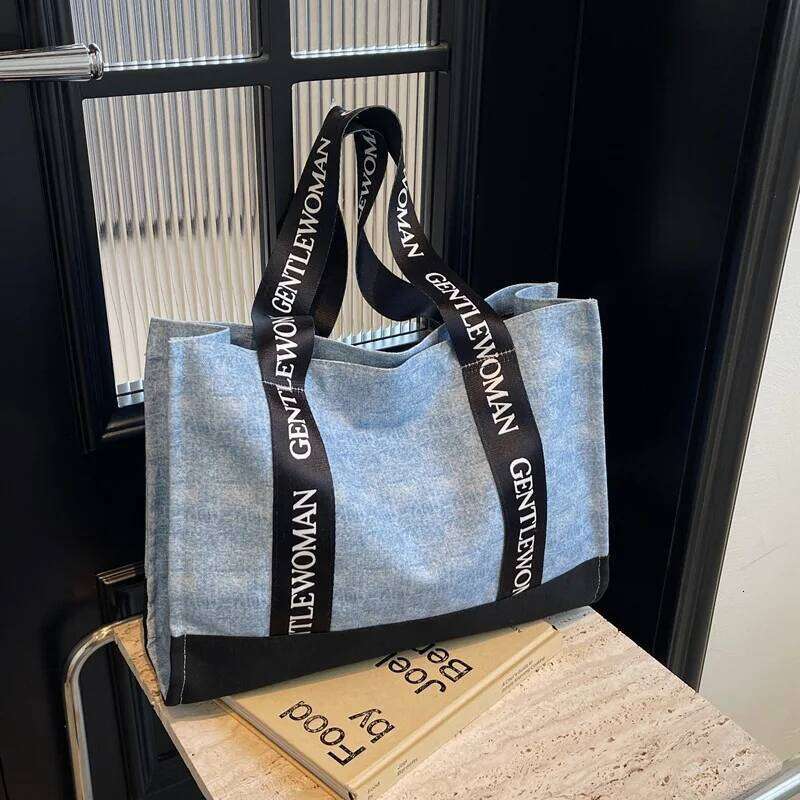 Canvas Tote Women Letter Print Shoulder Bag Stylish Colorblock Work Purse Fashion Office Commute Handbag