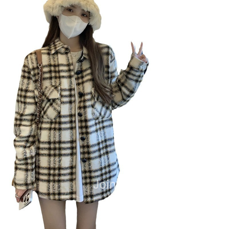 Autumn Winter Korean Style Turn-down Collar Single-breasted Loose Plaid Long Sleeve Wool Coat Mid-length Jacket for Women
