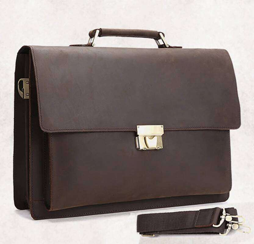 Vintage Genuine Business Briefcase Men Leather 14"inch laptop Bag Tote attache case with coded lock Handbag Shoulder bag