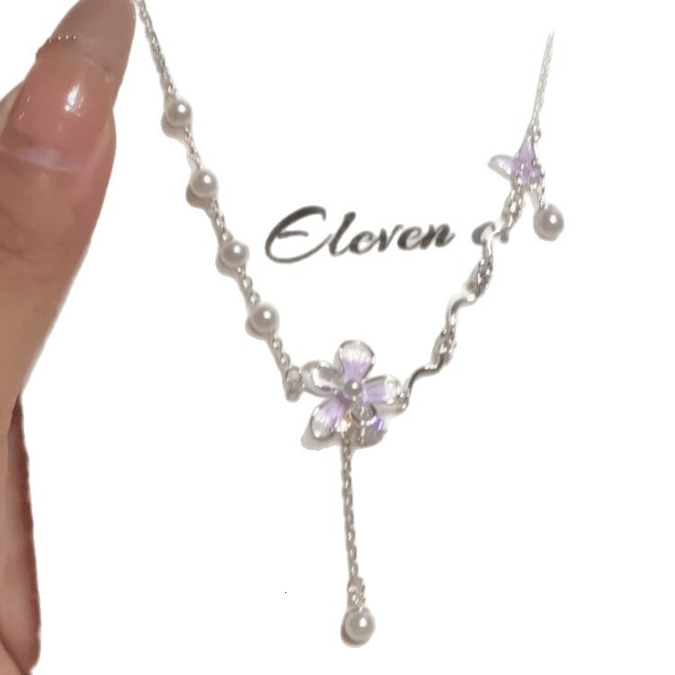 Ahhh Spring Summer Fresh Purple Flower Pearl Tassel Necklace Niche High-end Elegant Collarbone Chain for Women Jewelry for Women