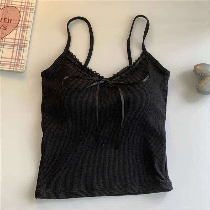 Designer T Shirt Pure Desire Lace Trim Camisole With Chest Pads For Women, Sweet And Spicy Bowknot Short Top For Inner And Outer Wear