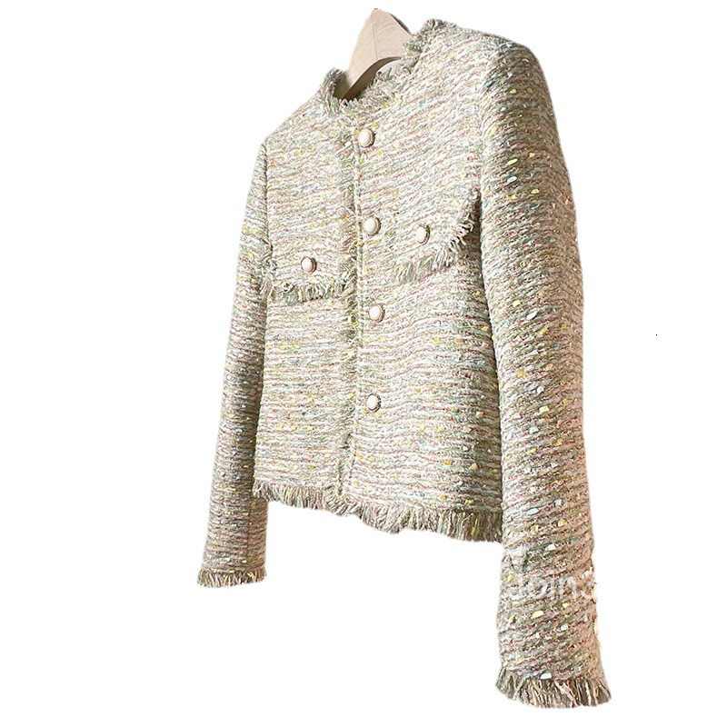 Autumn and Winter New Celebrity Fashion Colorful Woven Single breasted Small Fragrant Style Long sleeved Coat Womens Tassel Edge Outer Coat