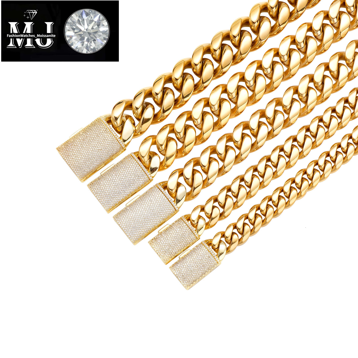 12/14/18/20/22mm Stainless Steel Hip Hop Gold Plated Cuban Chain Micro Paved Zircon Clasp Necklace