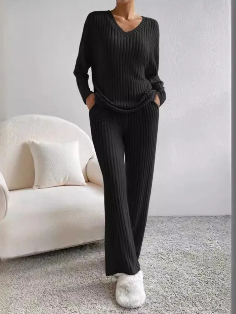 Autumn Womens Fashion Casual Straight Leg Pants With Loose Vneck Pit Stripe Knitted Long Sleeve Twopiece Set 250729