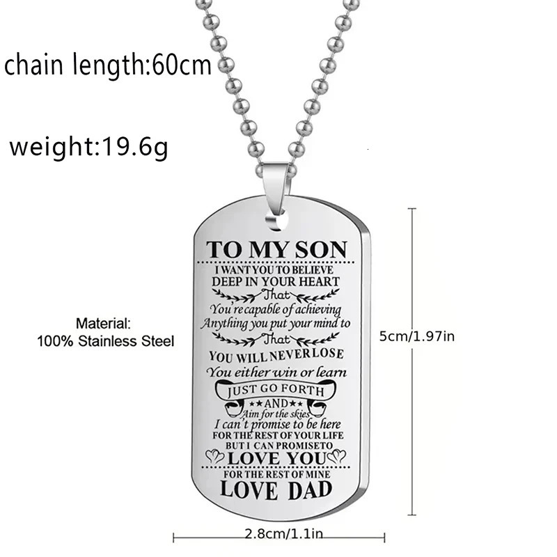 To My Son Inspirational Necklace Black Silver Color Stainless Steel Dog Tag Pendants Necklaces 250729