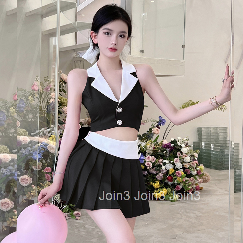 Korean Chic Nightclub Sexy Outfit for Women Summer Fashion Suit Collar Short Top Pleated Skirt Two-Piece Set Internet Celebrity