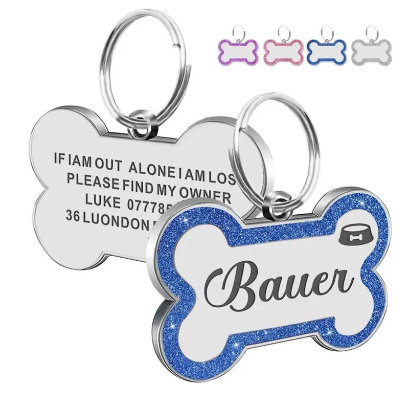 Custom Double Side Dog Cat ID Tag Glitter Dogs Cats Name Pendant Tags Pet Collar Accessories Anti-lost Bone Tags for Dog Cat 250729