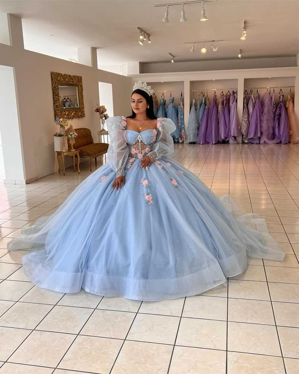 Ball Gown Quinceanera Dresses Flowers Long Puff Sleeve See-through Crystal Tulle Lace-up Plus Size Sweet 15 16 Princess Birthday Party Gowns Vestidos 