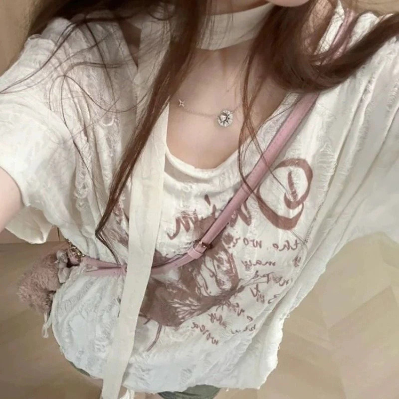 Summer Harajuku Letter Print Grunge Tshirts Loose Streetwear Oversized Tops Women Y2k Aesthetic Casual Drawstring Tees 250704