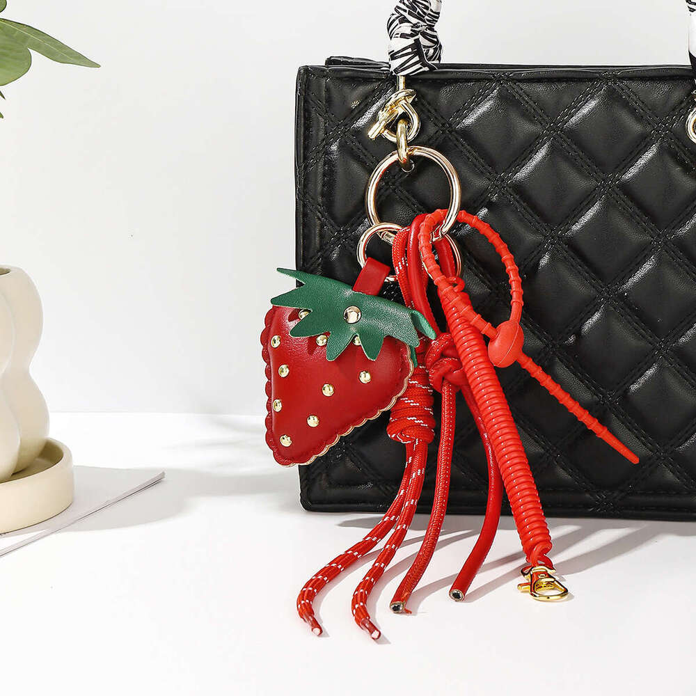 Cute Strawberry Keychain MIU Style Leather Braided Rope Heart Phone Chain Bag High-end Pendant