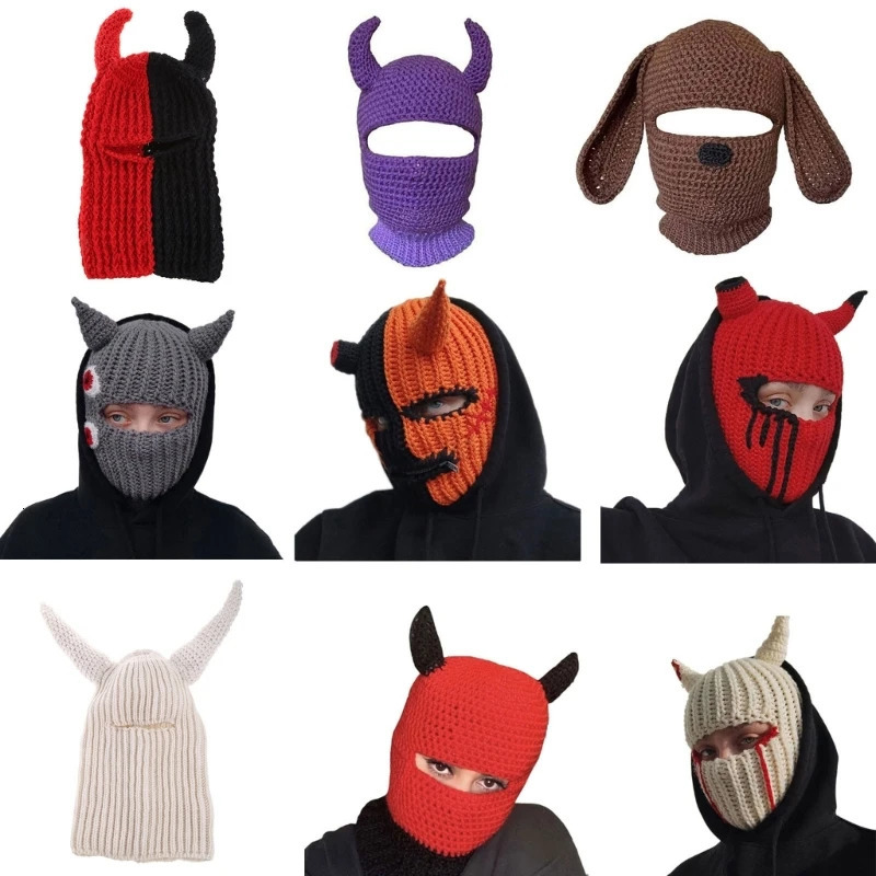 Funny Horns Knitted Hat Cosplay Halloween Masquerade Beanies Warm Full Face Cover Ski Mask Hat Windproof Helmet Trick Scare Prop 250724