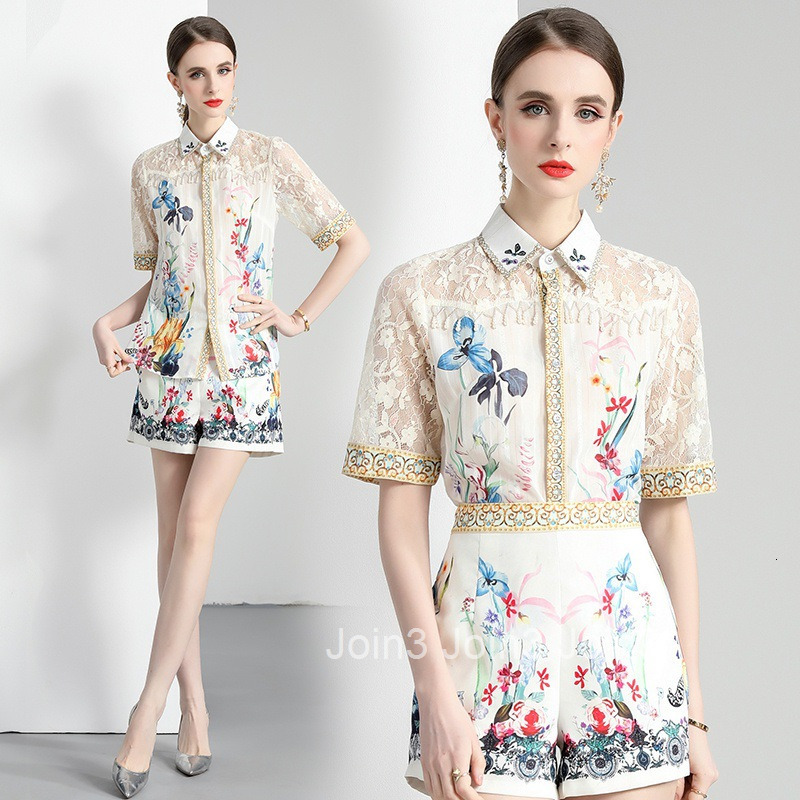 Summer New Plus Size Womens Clothing Printed Lace Patchwork Top Shirt Shorts Fashion Set