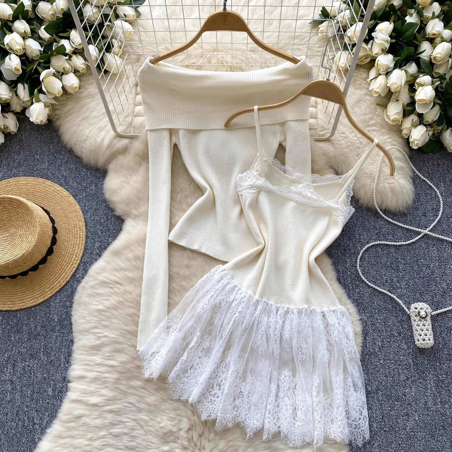 Chic vintage Knit Spliced lace dress Elegant Fairy Korean fashion autumn winter womens clothing Two Piece Set 250729