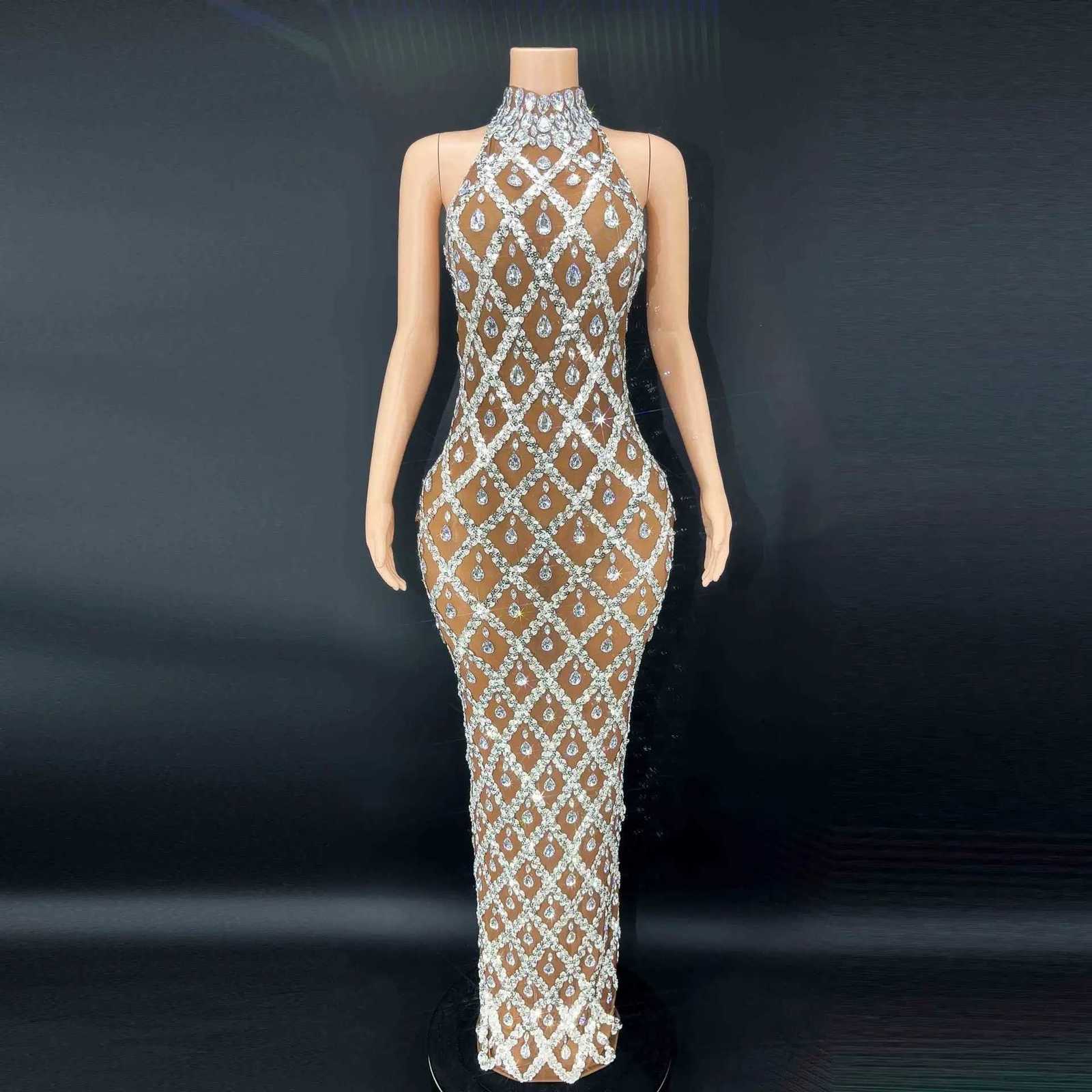 Sparkly Silver Big Rhinestone Transparent Long Dress Evening Birthday Celebration Luxurious Costume Dancer Flashing Dress Z250728