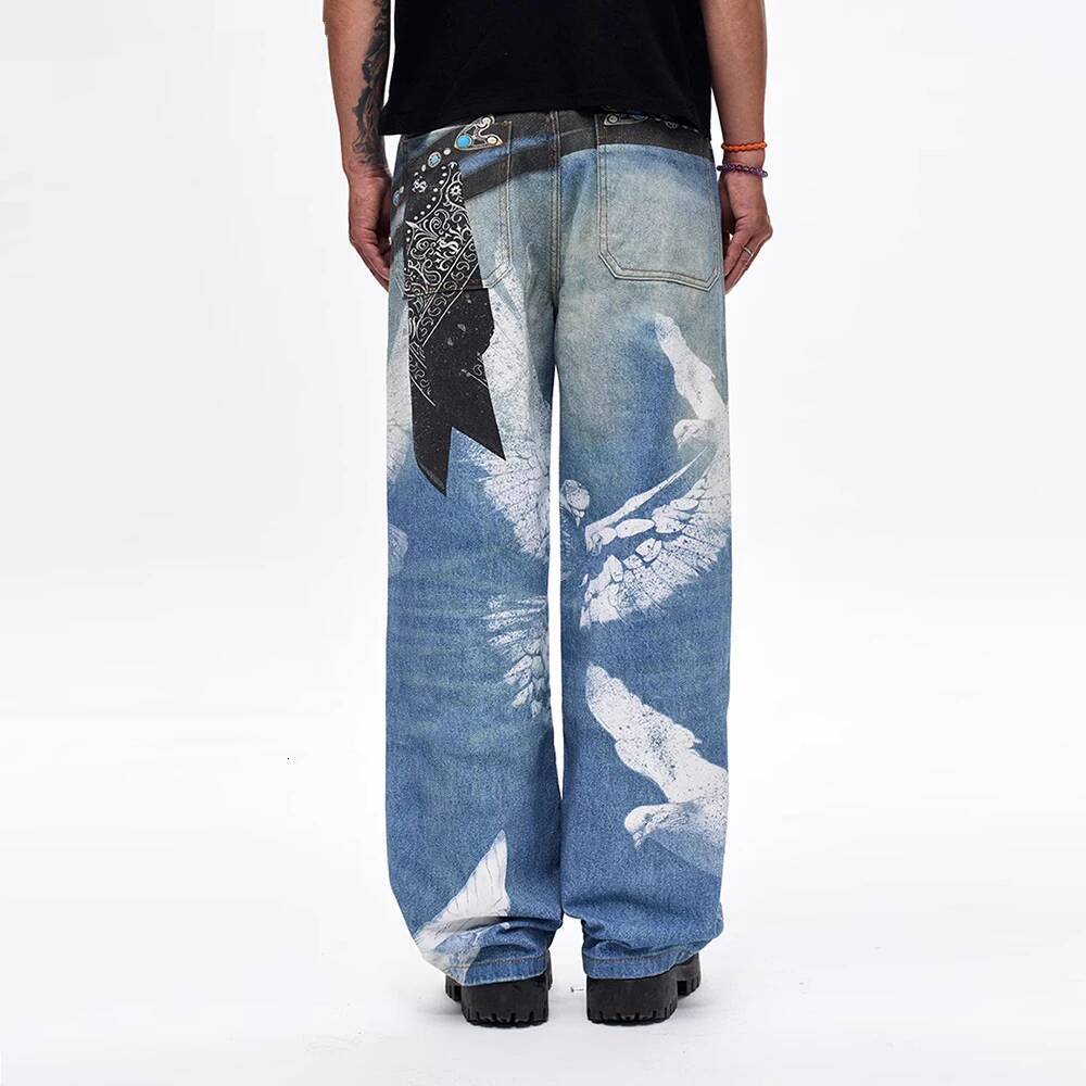 Dove Of Peace Spray Painting Graffiti Y2k American Vintage Streetwear Straight Pants Jeans Loose Casual Men Denim Trousers