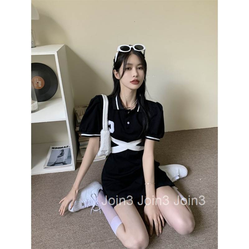 Summer New French Style Lapel Back Tie Color-Block Slim Fit Short Sleeve Dress Bodycon Mini Dress