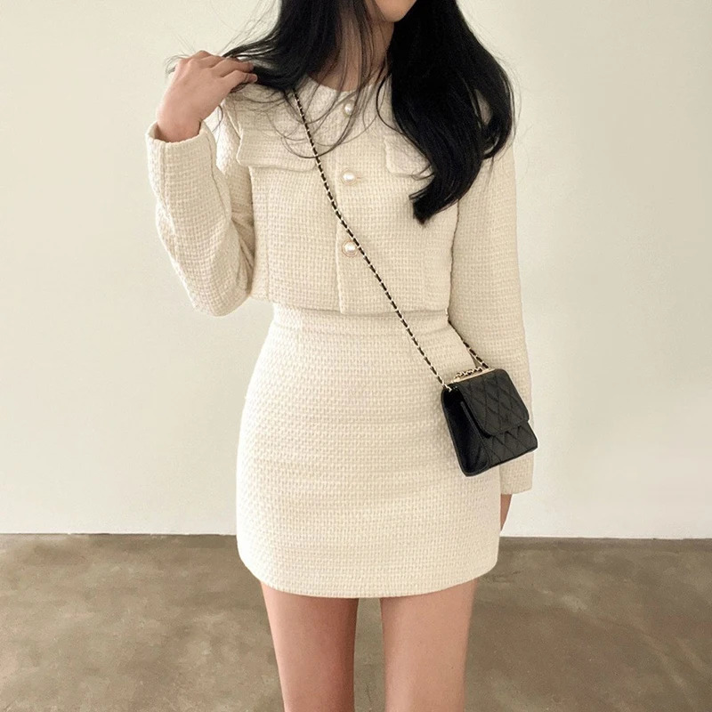 Chic Solid Tweed Two Piece Sets Women Long Sleeve Pearl Buttons Short Jacket and A Line Mini Skirt Set for Autumn Winter Outfits 250729