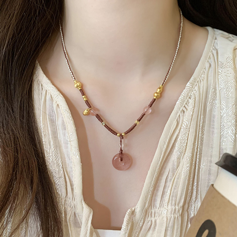 Chinese Style Pink Peace Buckle Braided Rope Pendant Necklace for Women 2025 New Jewelry High-end Light Niche Choker Jewelry for Women