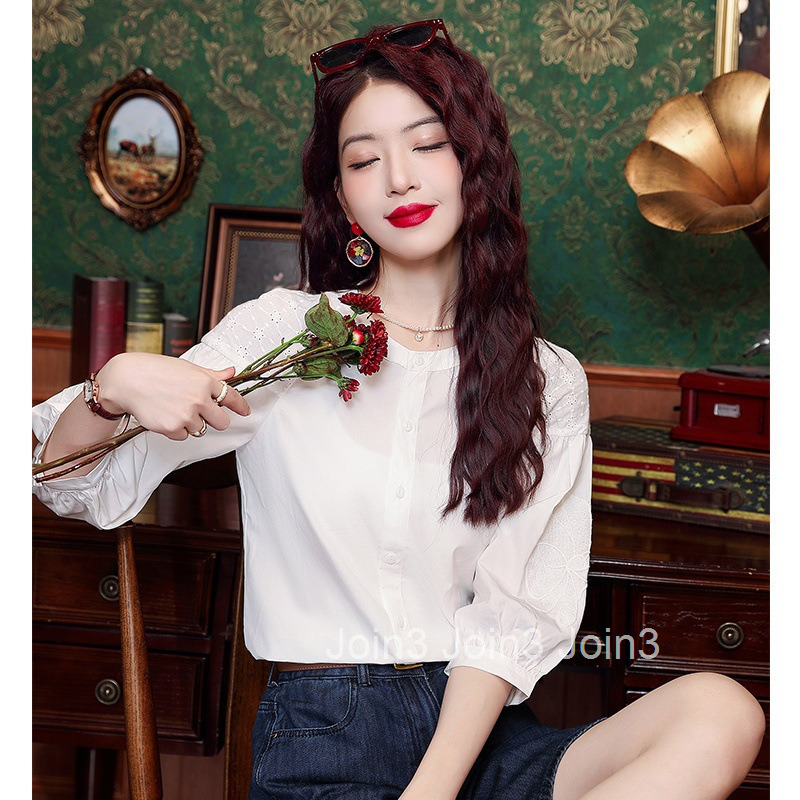 Autumn Summer New White Tencel Shirt Women Fashion French Style Three-Quarter Sleeve Blouse Top Women