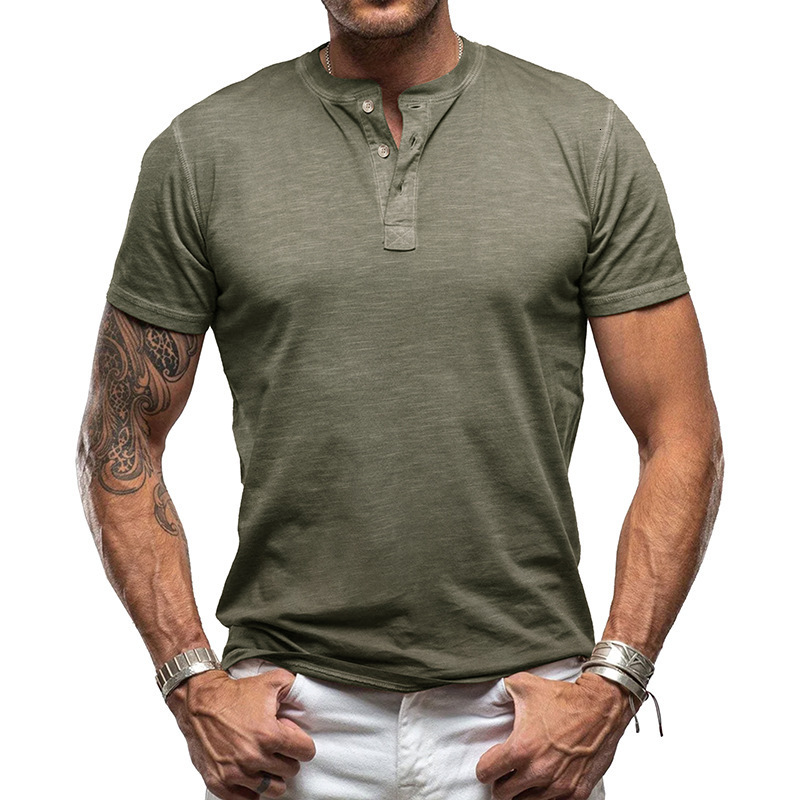 2024 Summer New Short Mens Solid Color Bamboo Henley Shirt American Style Mens Fashion T-Shirt