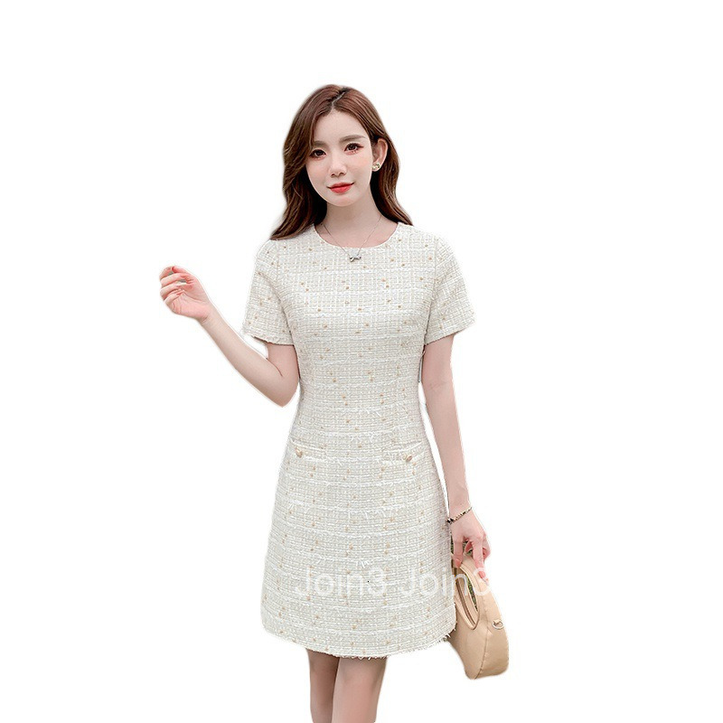 Summer New Socialite Style Slim Fit Pullover Round Neck Short Sleeve Dress A-line Midi Dress