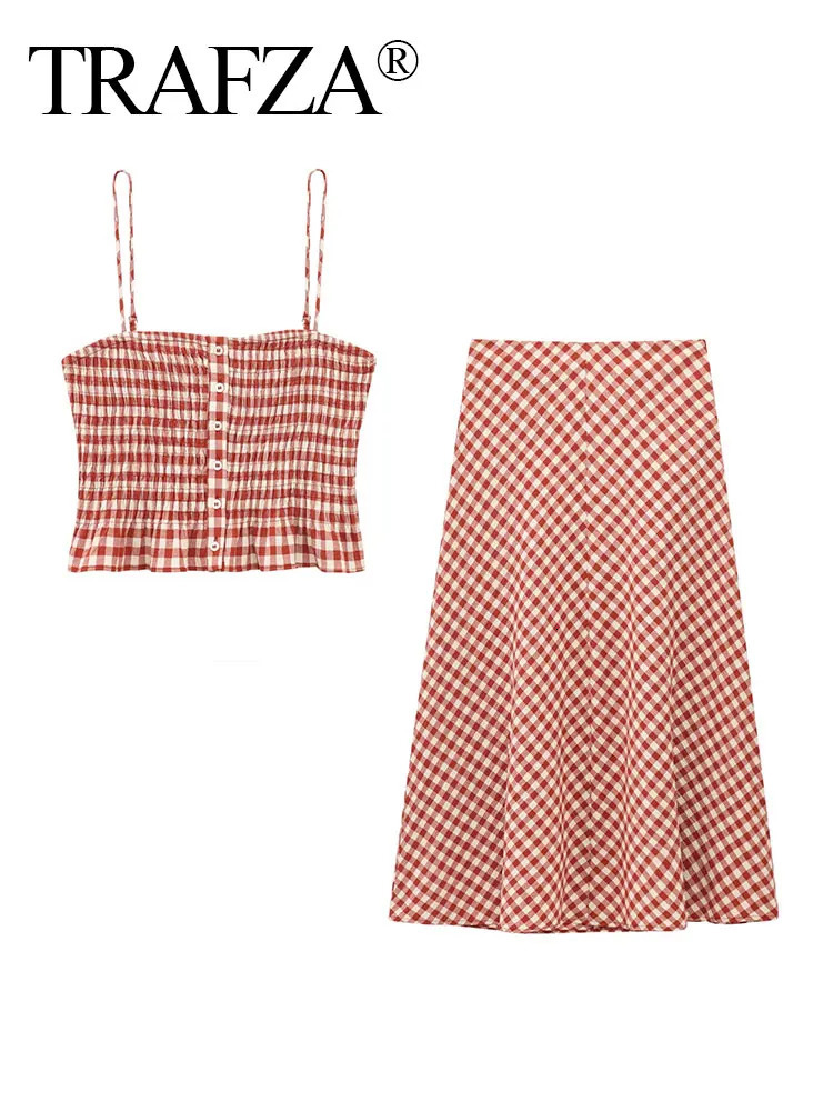 TRAFZA Female Sweet Casual Plaid Suit Suspender Button Decorative Tops Aline High Waist Midlength Skirt Spring Chic Set 250729